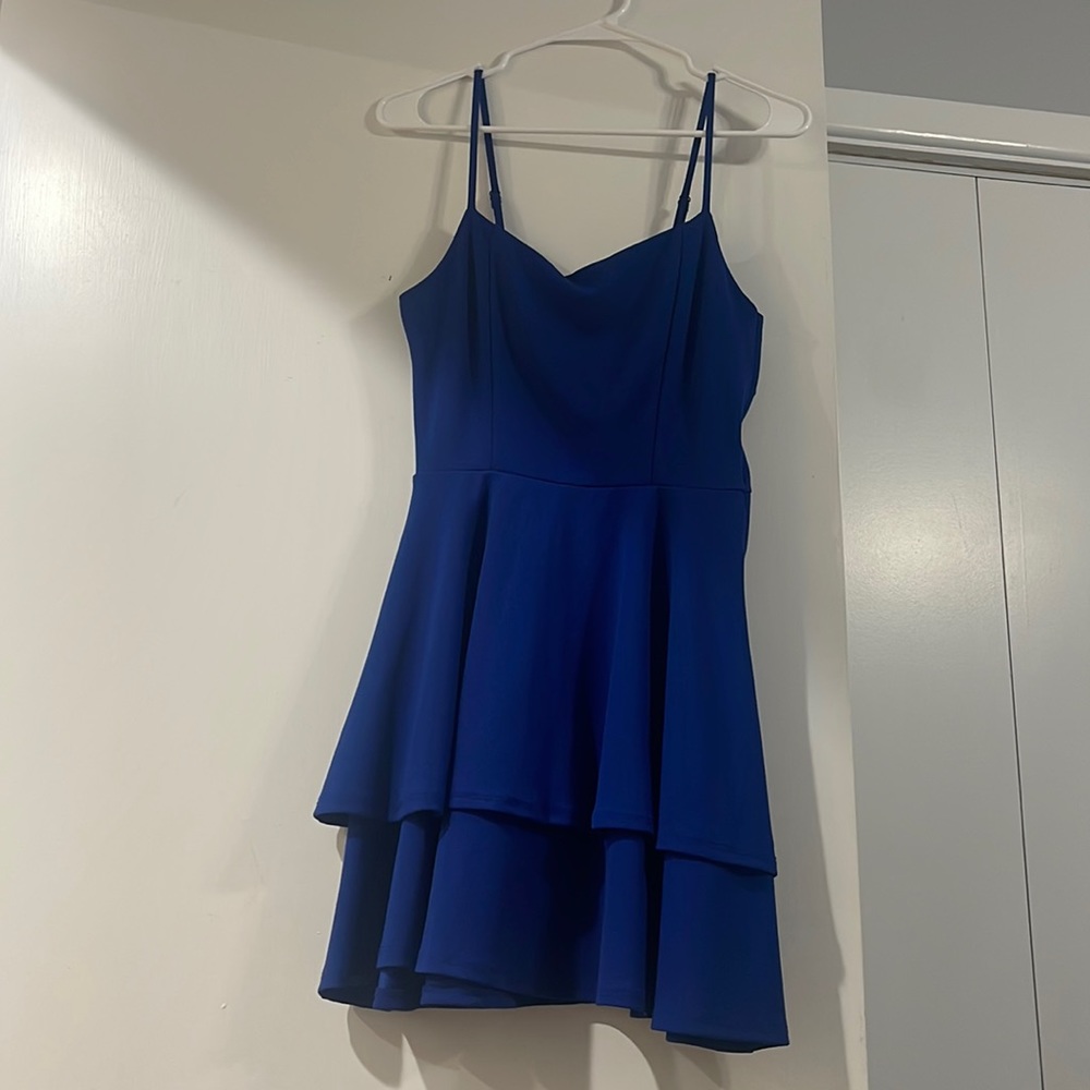 royal blue dress with bow in the back